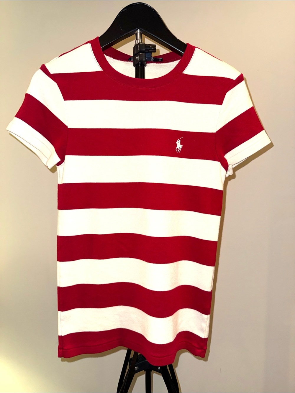 Ralph Lauren Sport Women’s Medium Red White Striped Pony Logo Tee Shirt